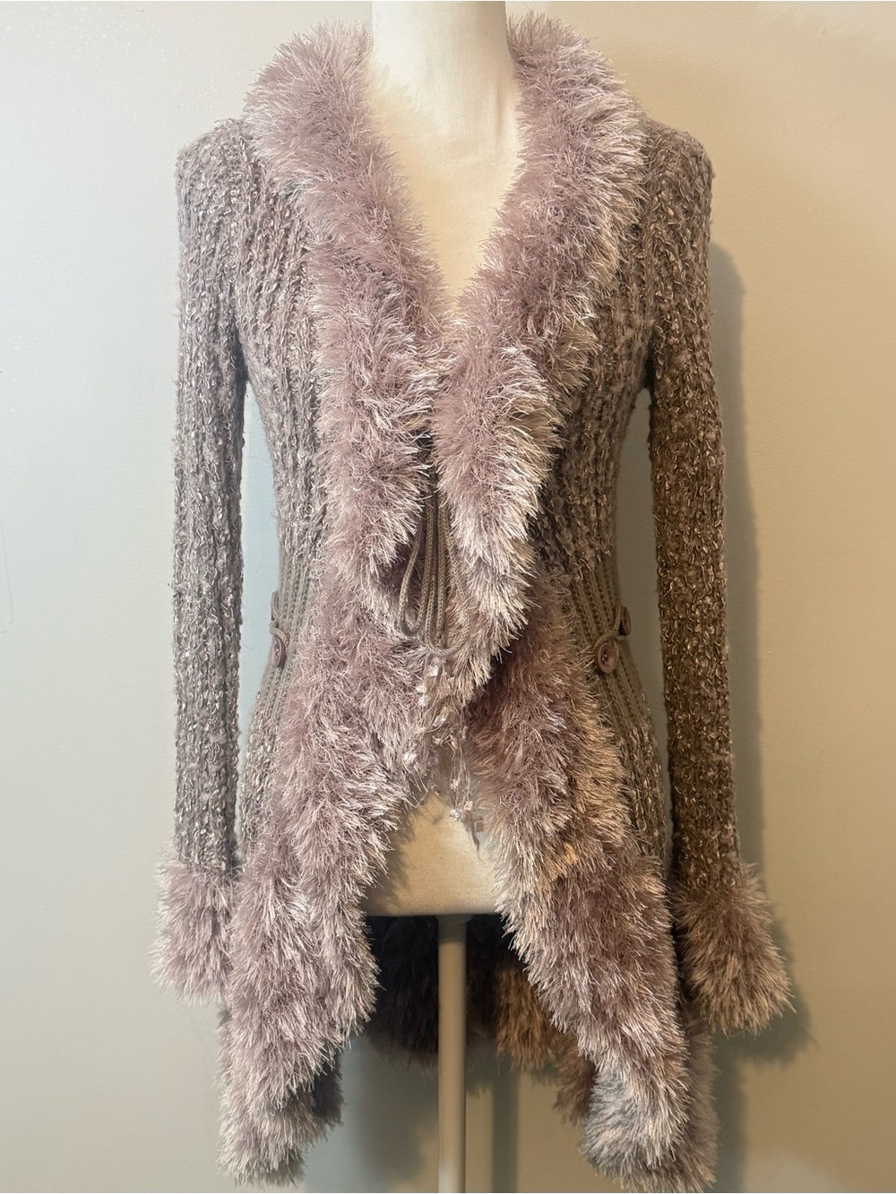 Shana K Mauve Eyelash Trim Long Tie Front Cardigan Sweater, Size Medium